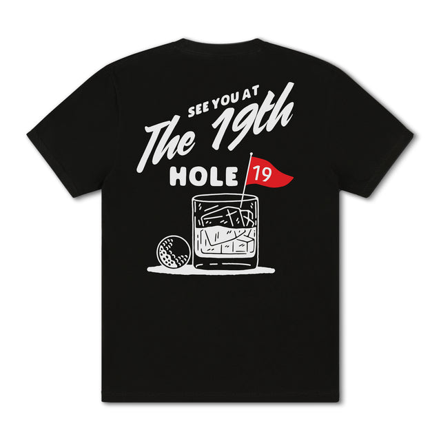 19th Hole Golf Shirt – Funny dad graphic tee with “See You at the 19th Hole” design. Screen print shirt gift for golfers by Dad Brand.