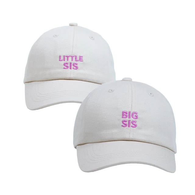Big Sis & Little Sis Hat Bundle – Matching embroidered kids hats in light cream with pink stitching. A sister keepsake gift from Dad Brand.