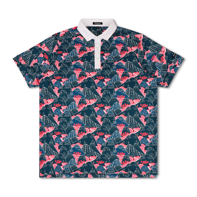 Cherry Blossom Polo – Navy and pink golf polo shirt with cherry blossom drawing pattern. Perfect gift for dads from Dad Brand.