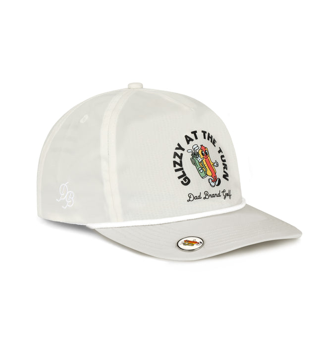 Glizzy at the Turn Rope Hat – nylon fabric dad hat with rope detail, hot dog golf design, magnetic brim with ball marker, comfortable gift for dads