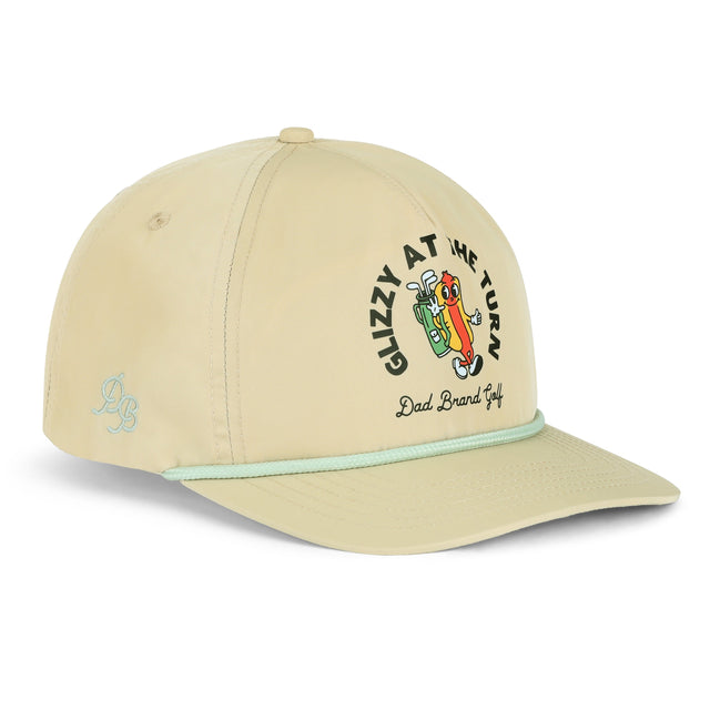Glizzy at the Turn Rope Hat – funny 5-panel snapback dad hat with hot dog golf design, lightweight and comfortable gift for dads