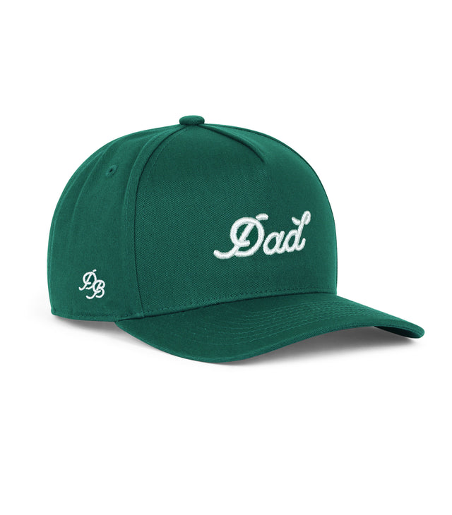 Dad Snapback Forest Green – structured 5-panel snapback dad hat with 3D embroidered “Dad” logo, lightweight funny hat and golf-ready gift for dads