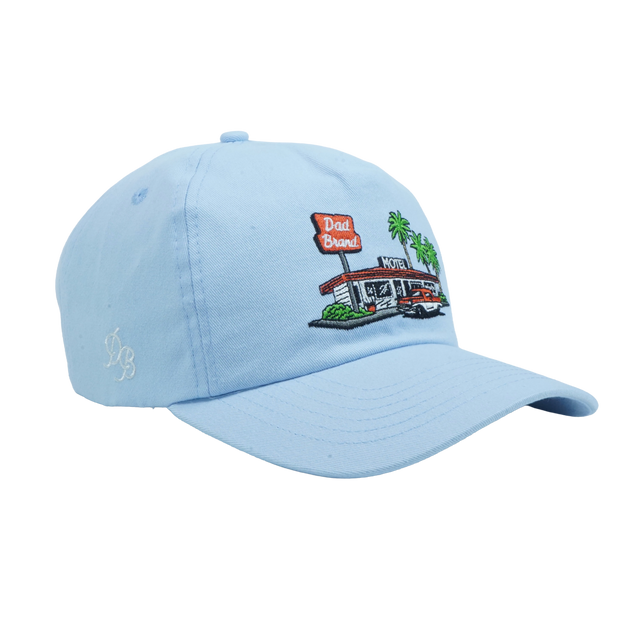 Motel California Hat – Blue embroidered 5 panel snapback with retro California motel design. Unique dad gift from Dad Brand.