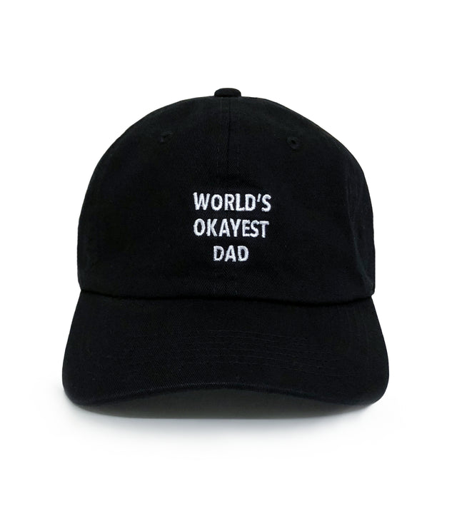 World’s Okayest Dad Hat – black 6-panel embroidered dad hat with white text, funny hats, golf hats, best gifts for dads