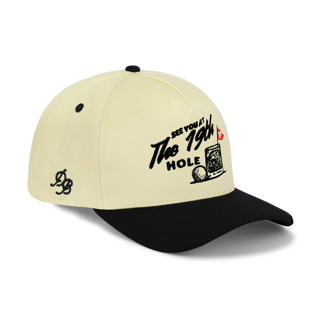 19th Hole Snapback Hat – cream and black embroidered 5-panel dad hat, high-profile structured snapback, funny golf hat and dad gift