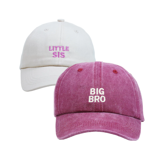 Big Bro & Little Sis Hat Bundle – Matching embroidered kids hats in wine-wash and cream. A memorable sibling gift set from Dad Brand.