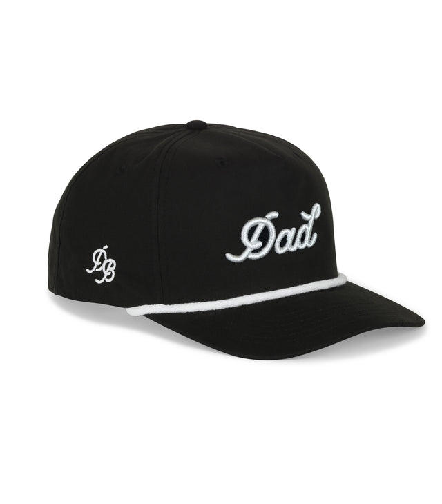 Black Dad Rope Hat – 5-panel snapback dad hat with puff 3D embroidery, white rope and thread, lightweight and comfortable dad gift