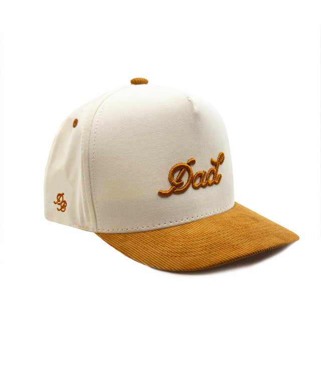 Dad Corduroy Snapback Hat – Cream and orange gold 5-panel embroidered dad hat with corduroy brim. Perfect fall hat & gift for dads.