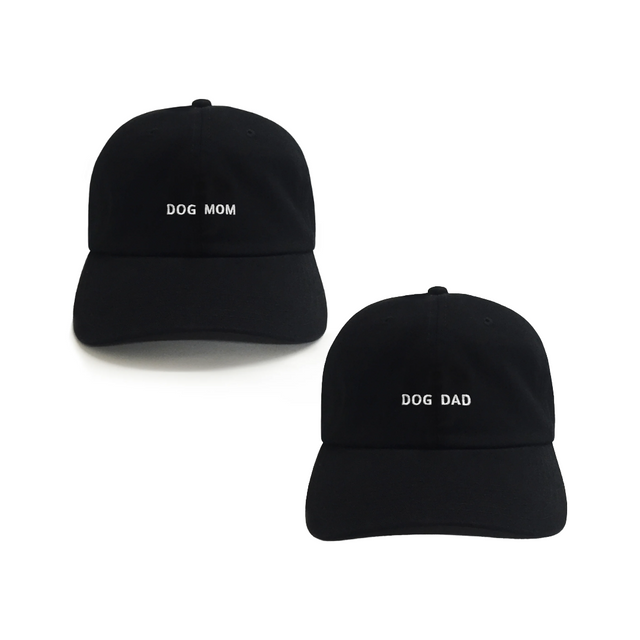 Matching Dog Mom and Dog Dad hat bundle by Dad Brand featuring embroidered hats for dog parents.