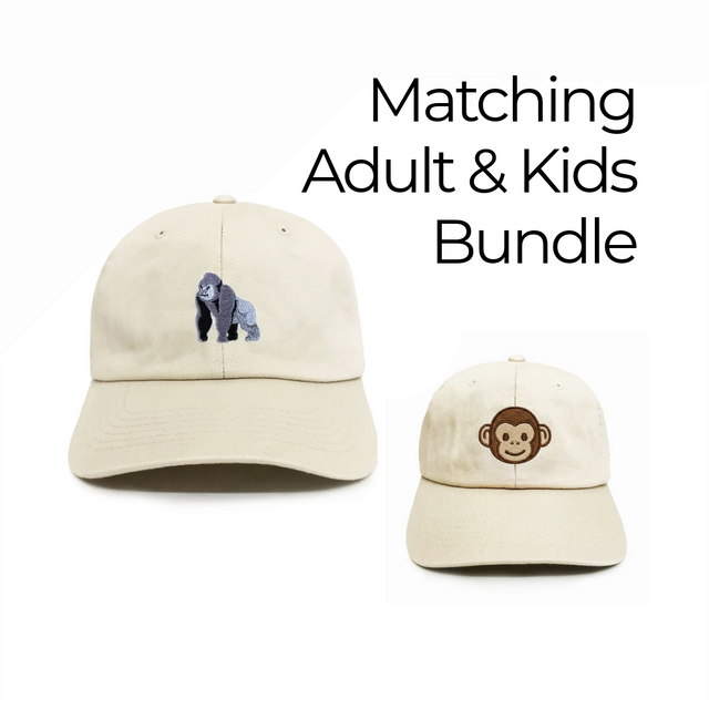 Matching Ape dad hat and Monkey kids hat bundle by Dad Brand for parents and kids.