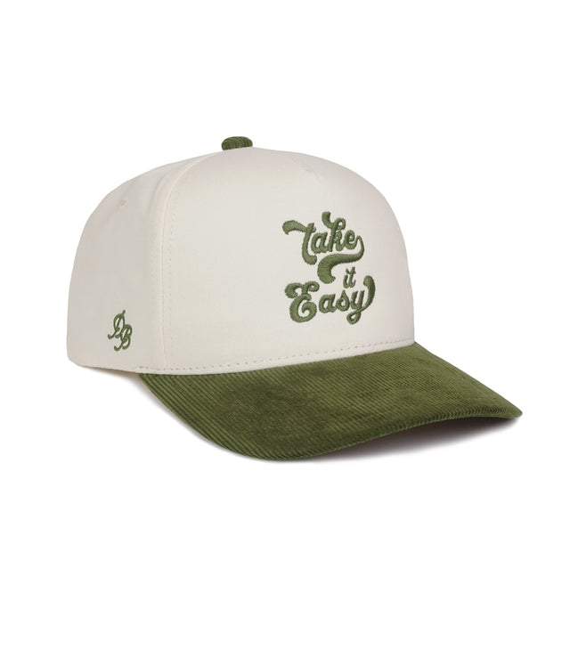 Take It Easy Hat – embroidered dad hat with corduroy brim, cream snapback with olive-green corduroy detail, funny golf hat and dad gift.